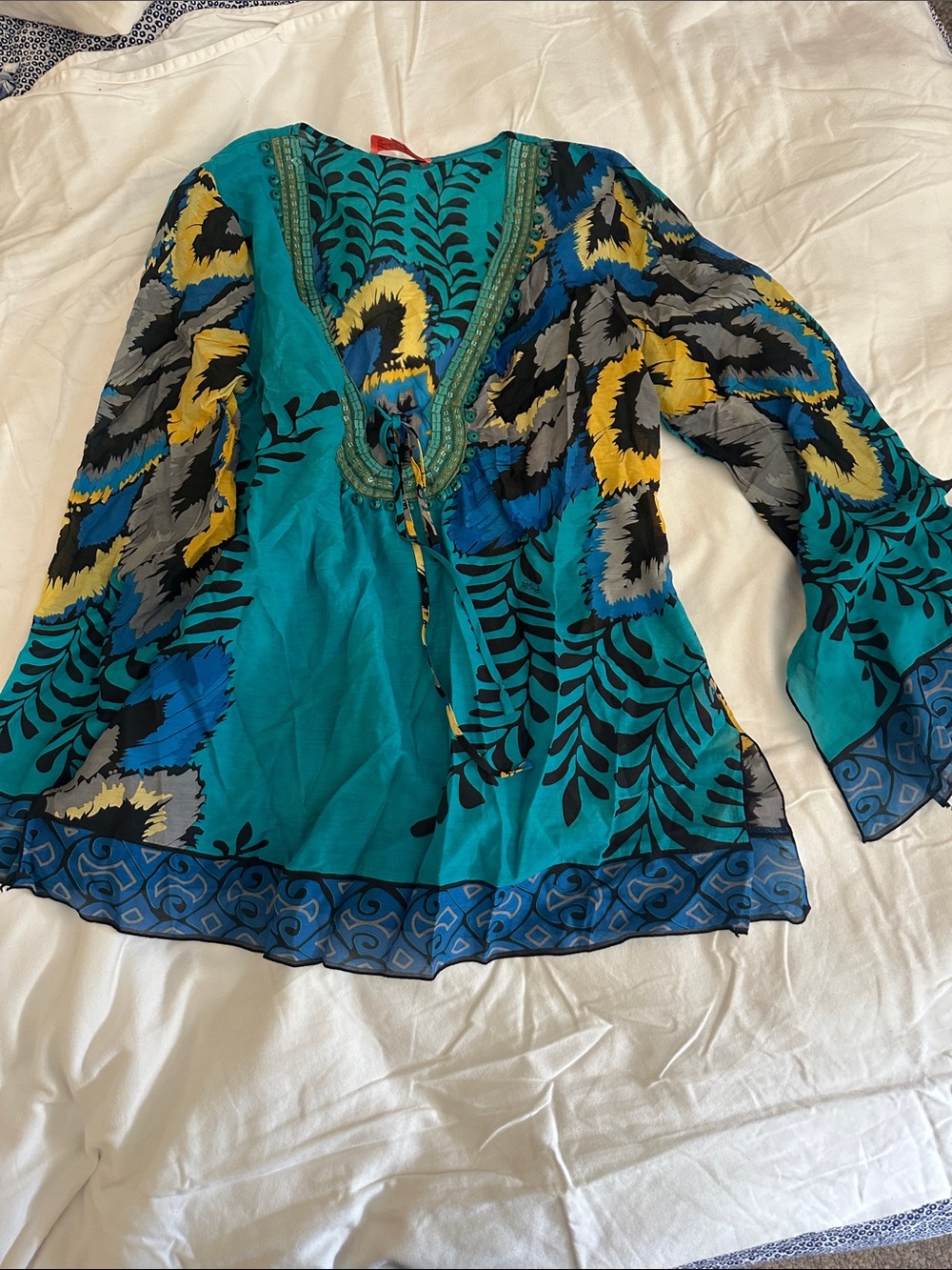 Hale Bob Teal Floral Print Swim Coverup with Yellow & Blue Accents
